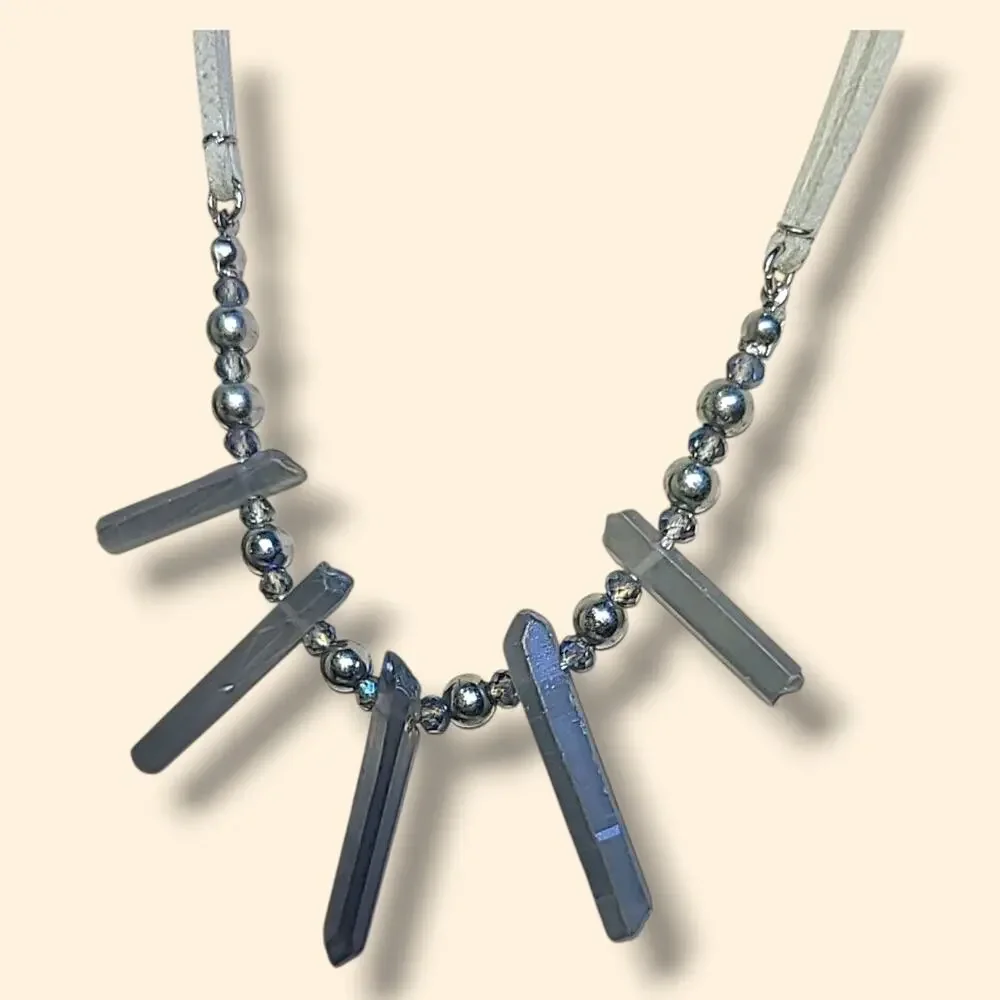 Blue Crystals Beige Faux Leather Statement Necklace 16